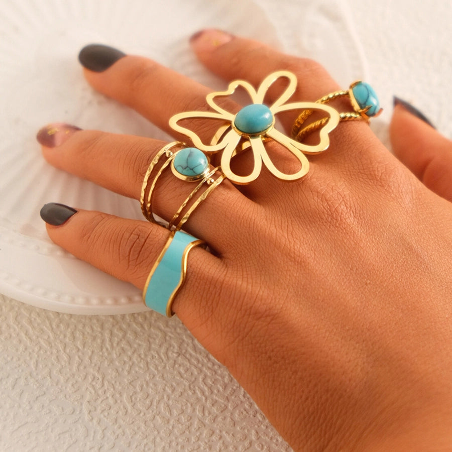 14K Gold Plated Artistic Geometric Flower Turquoise Rings
