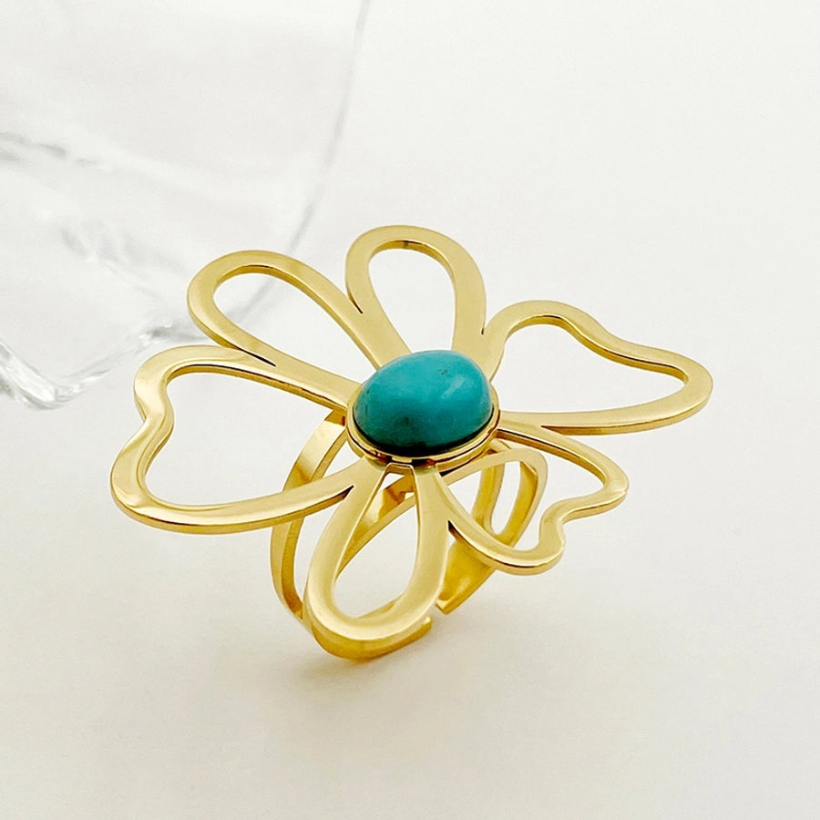 14K Gold Plated Artistic Geometric Flower Turquoise Rings