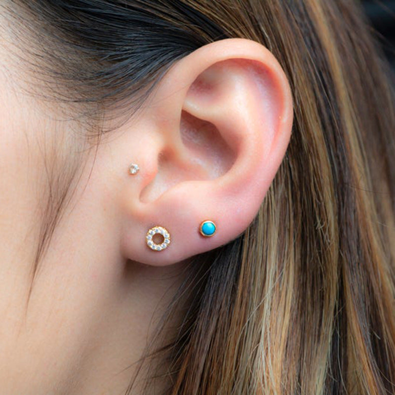 1 Pair 925 Sterling Silver Turquoise Round Oval Ear Studs
