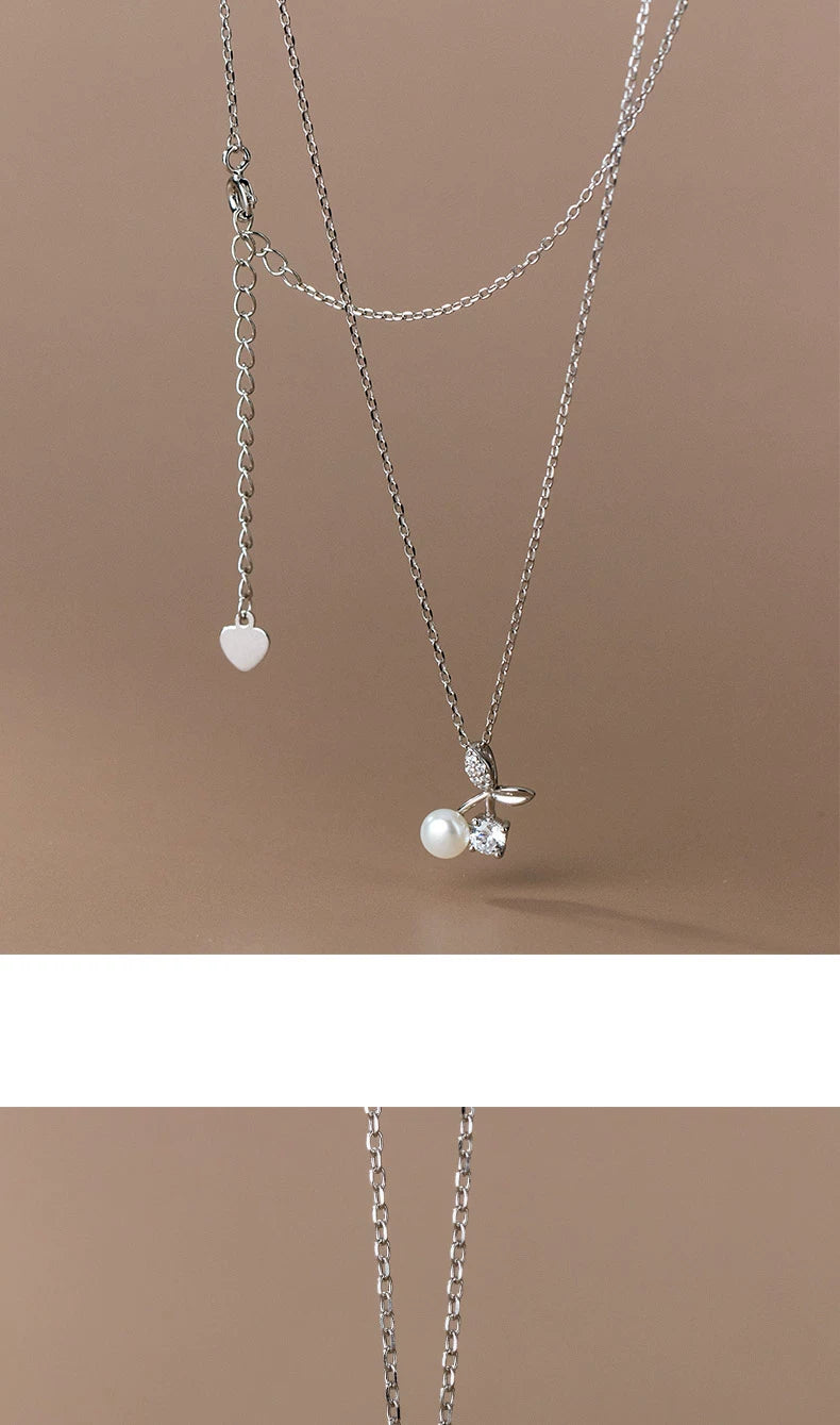 925 Sterling Silver Zircon cable chain Cherry Pendant Necklace