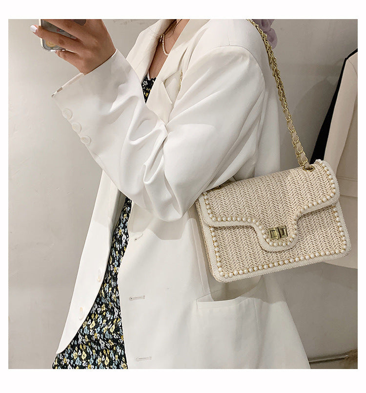 women's medium straw fashion square flip cover shoulder bag