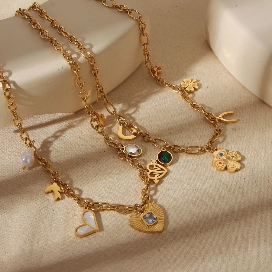 Commute Four Leaf Clover Red Heart 304 Stainless Steel Acrylic Zircon 18K Gold Plated Plating Inlay Pendant Necklace