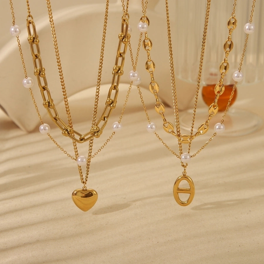 Vintage Style Geometric Heart Shape 18K Gold Plated Plating Three Layer Necklace