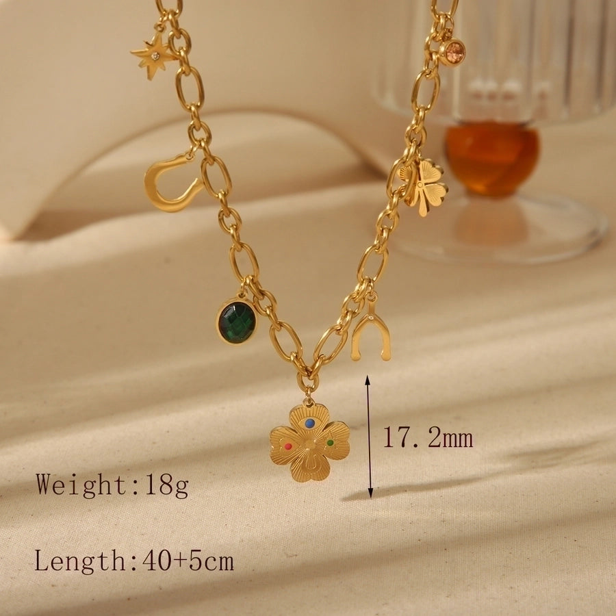 Commute Four Leaf Clover Red Heart 304 Stainless Steel Acrylic Zircon 18K Gold Plated Plating Inlay Pendant Necklace