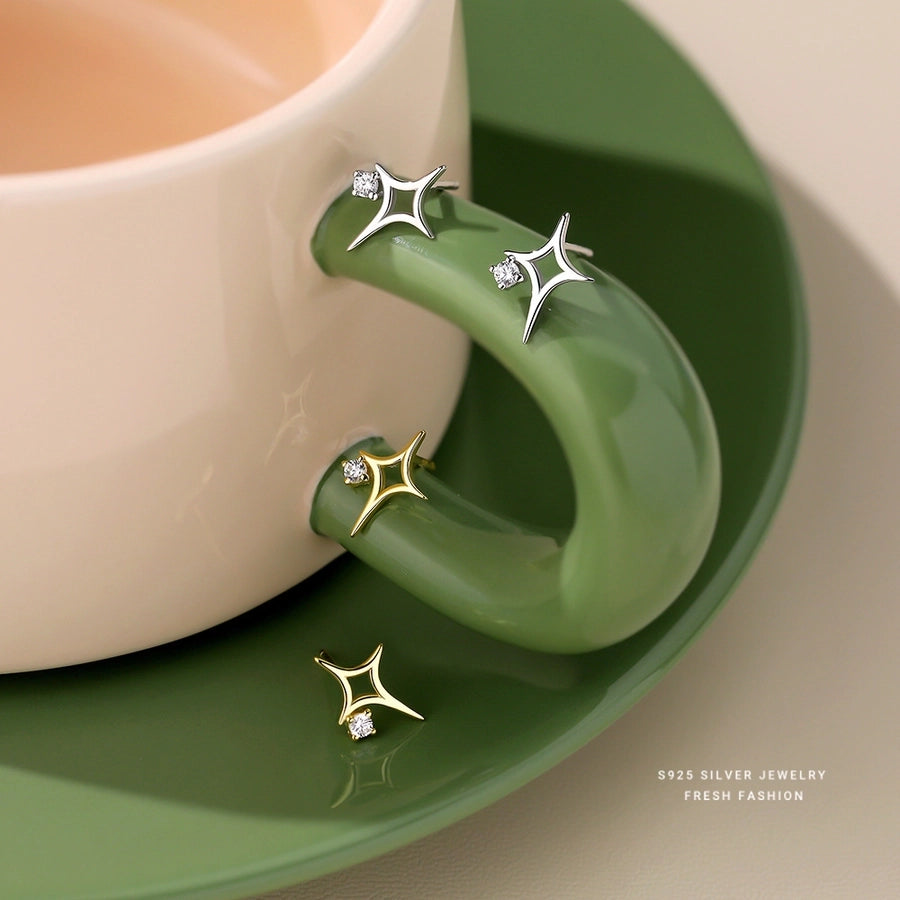 1 Pair 925 Sterling Silver Zircon Star Ear Studs