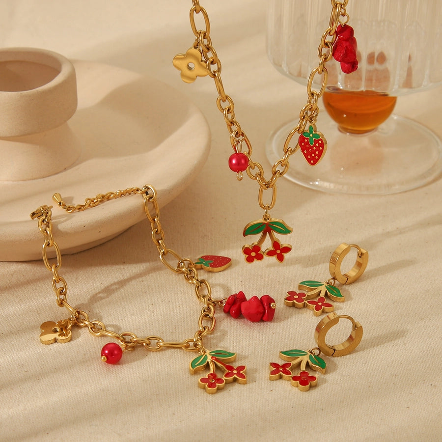Sweet Cherry Strawberry 18K Gold Plated Epoxy Plating Bracelets Earrings Necklace