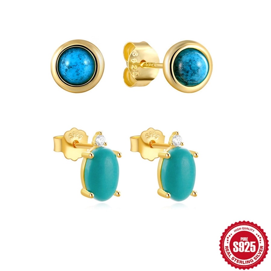 1 Pair 925 Sterling Silver Turquoise Round Oval Ear Studs