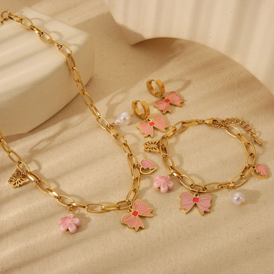 Romantic Heart Shape Flower Bow Knot 18K Gold Plated Epoxy Plating Bracelets Earrings Necklace