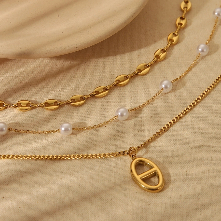 Vintage Style Geometric Heart Shape 18K Gold Plated Plating Three Layer Necklace