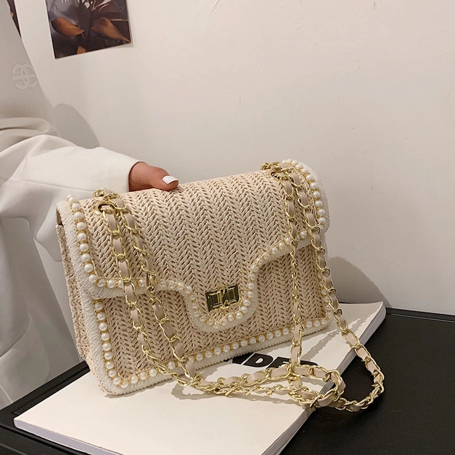 women's medium straw fashion square flip cover shoulder bag