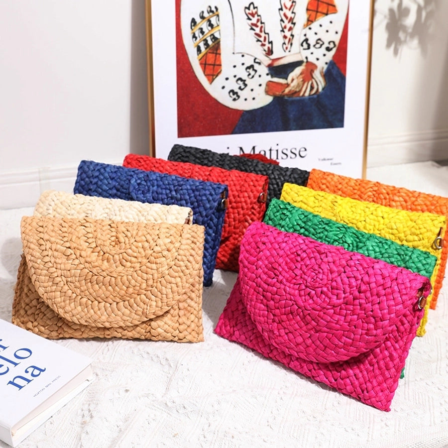 women's solid color straw magnetic buckle wallets