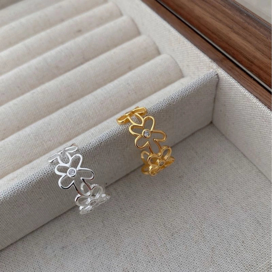 18K Gold Plated 925 Sterling Silver Diamond Plant Flower Adjustable Ring